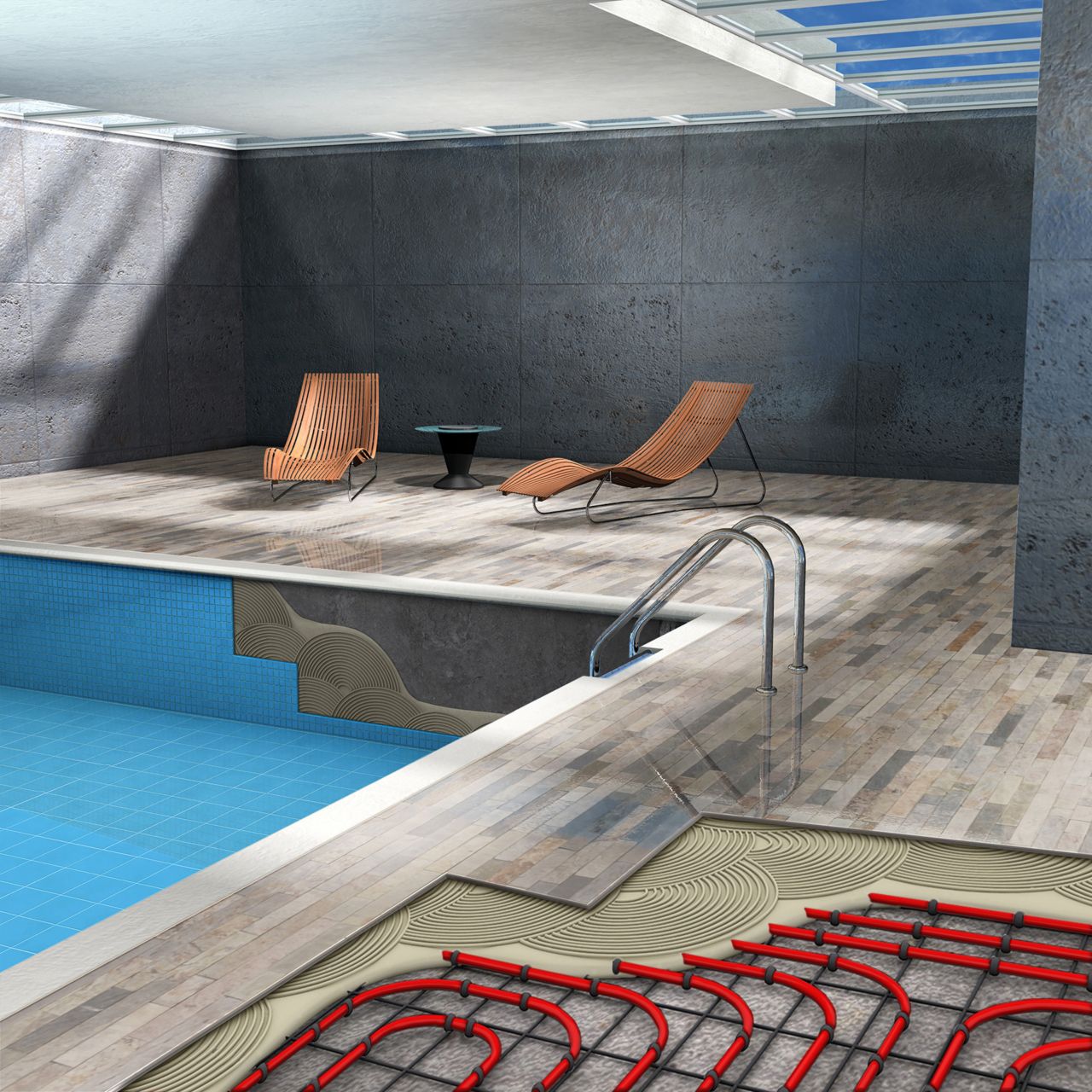 Illustration of pool area with SikaCeram 290 Starlight tile adhesive in heated floor