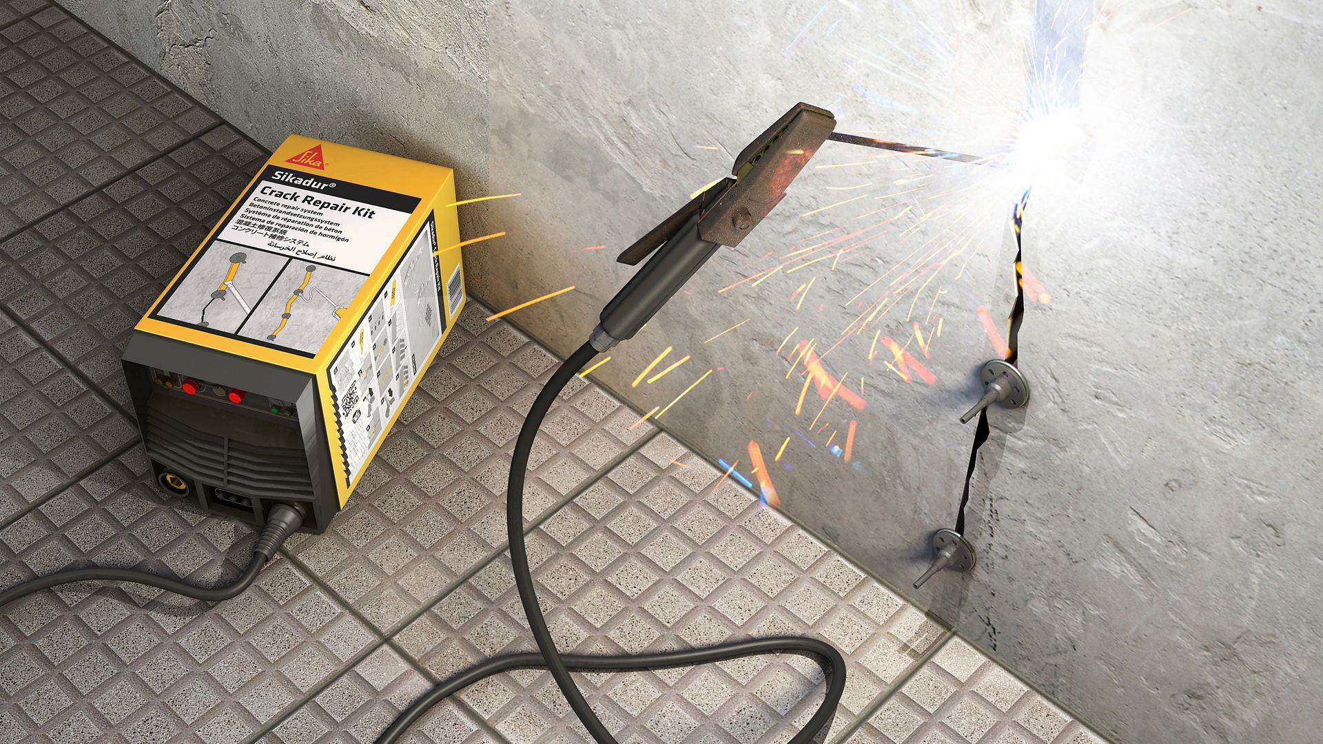 Illustration rendering of concrete crack being repaired with Sikadur Crack Repair Kit