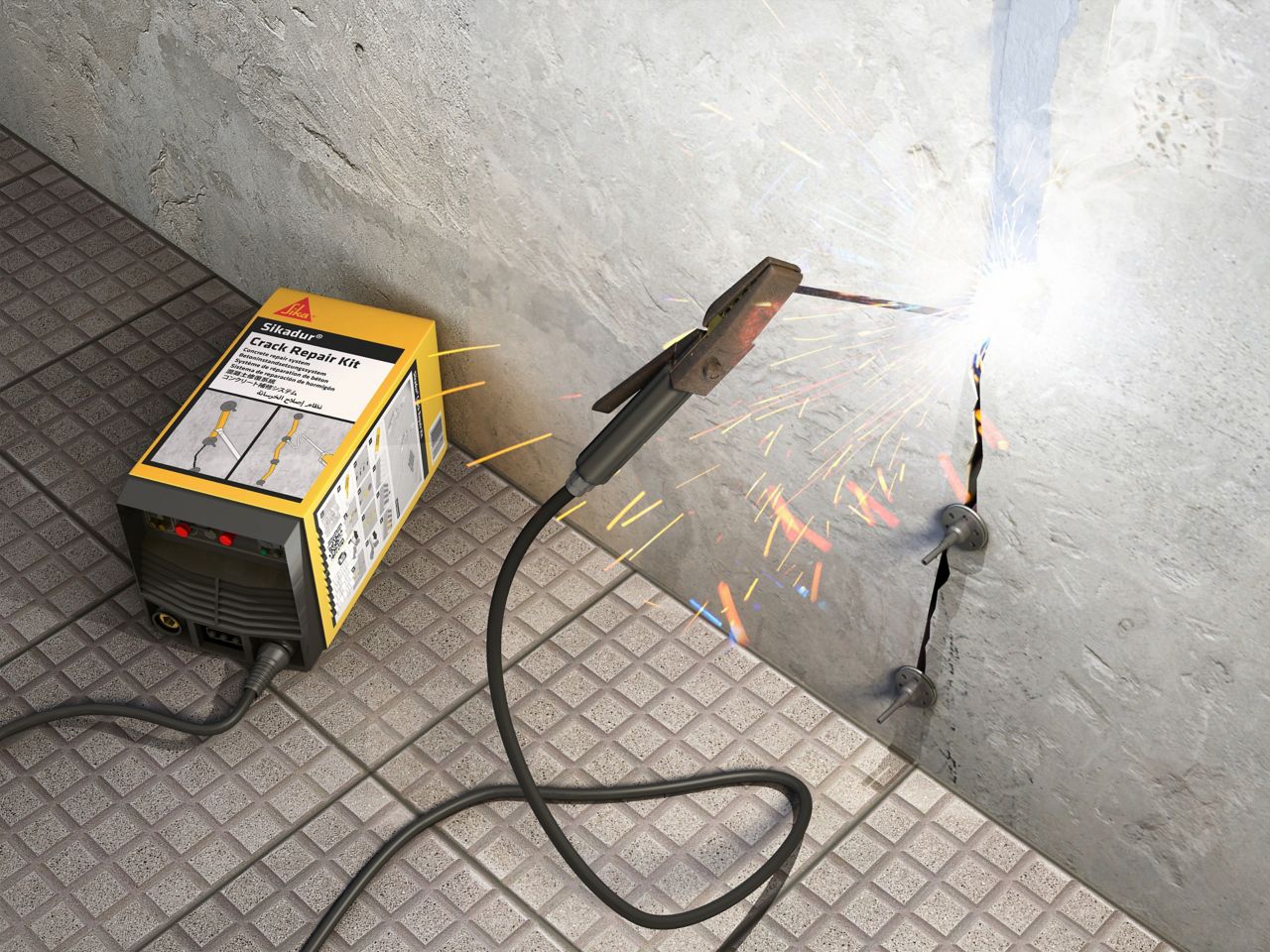 Illustration rendering of concrete crack being repaired with Sikadur Crack Repair Kit