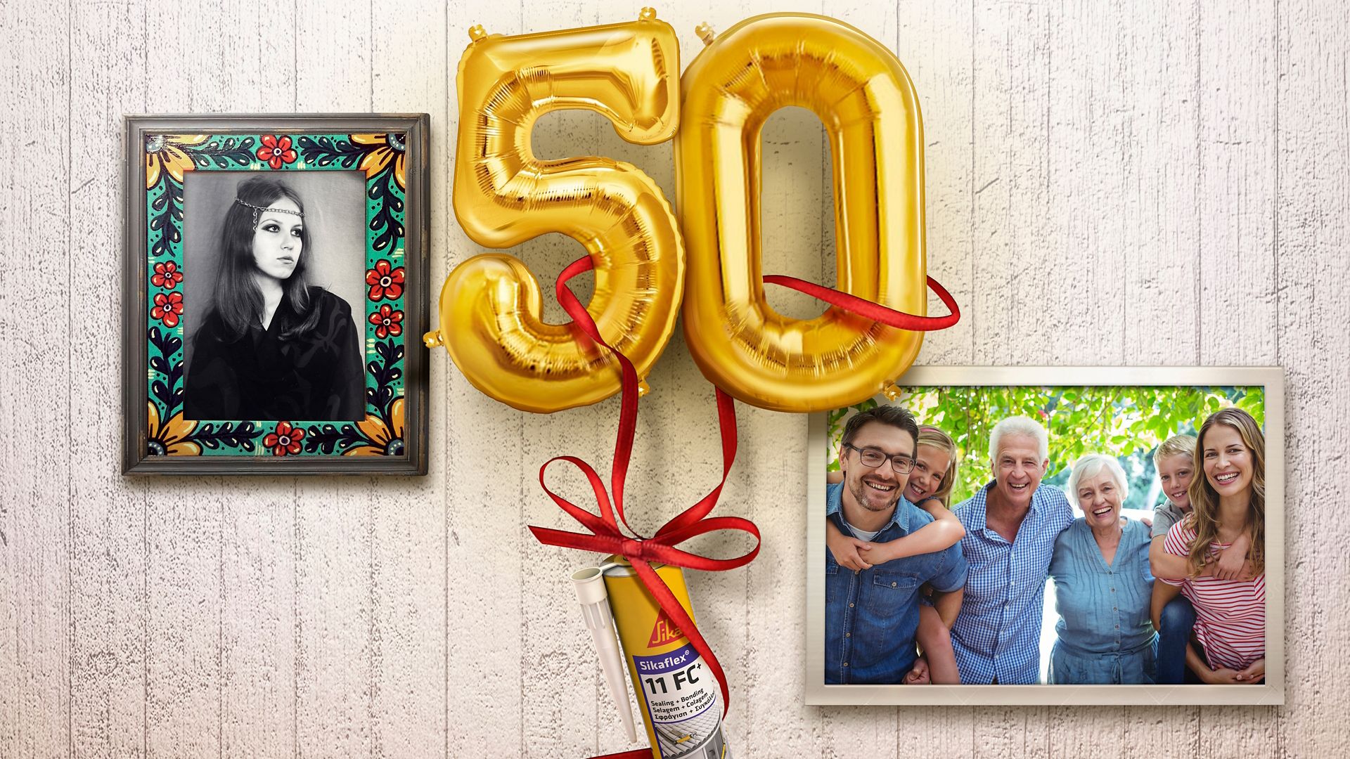 Sikaflex®-11 FC 50 year anniversary balloon next to family photos