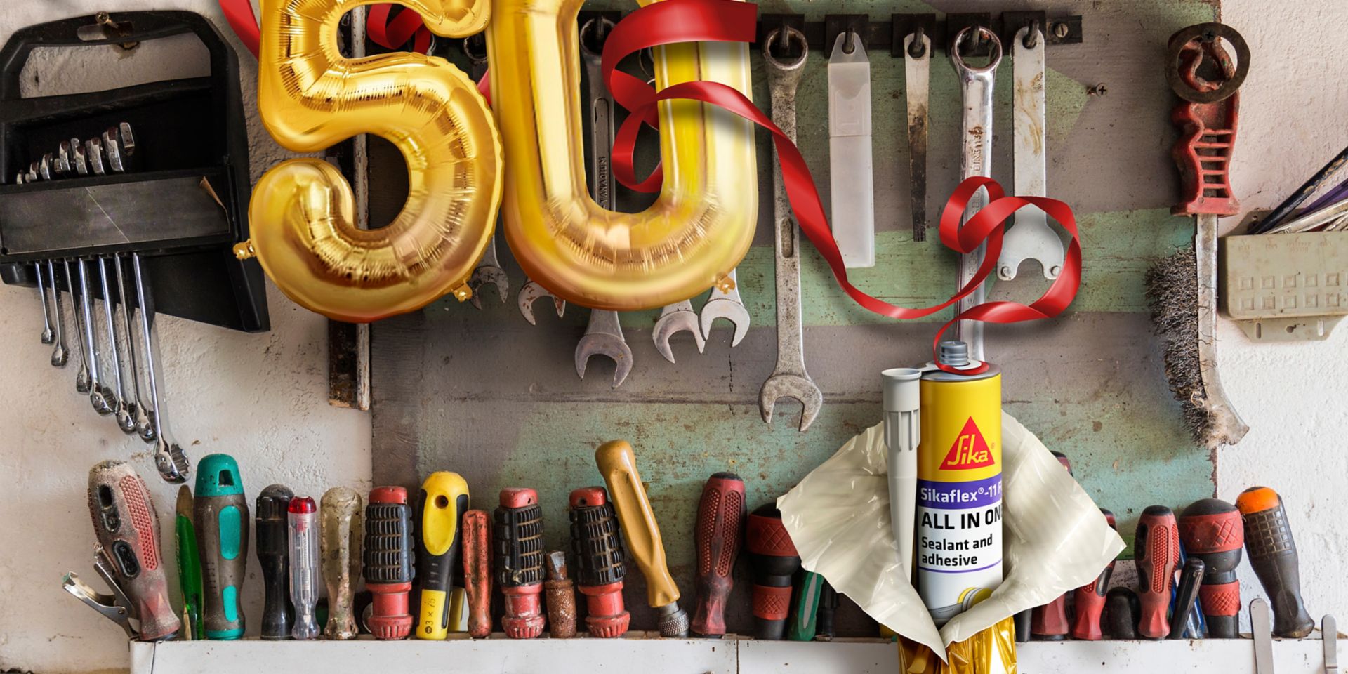 Sikaflex®-11 FC 50 year anniversary balloon with tool shelf