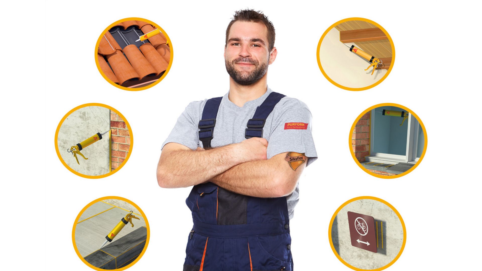 Handyman craftsman infographic with Sikaflex applications uses for sealant, glue and adhesive in home renovation construction projects
