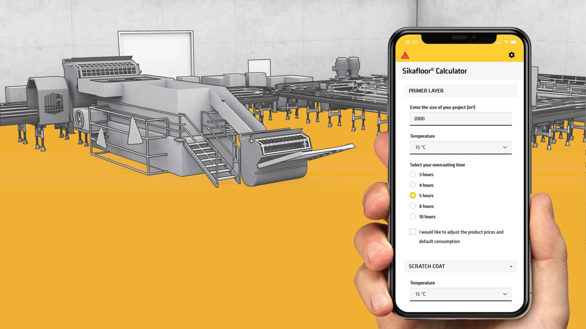 Hand holding Sikafloor® floor calculator app with yellow floor applied in factory