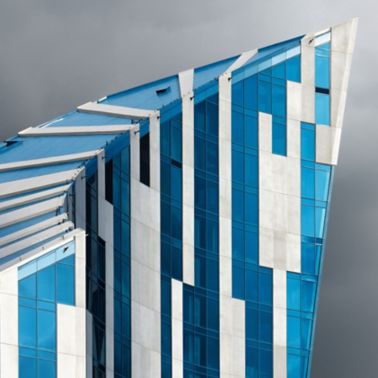Single-ply roof PVC membrane of Sarnafil adhered roofing system installed on condominium building in Covington in USA designed by Daniel Libeskind 