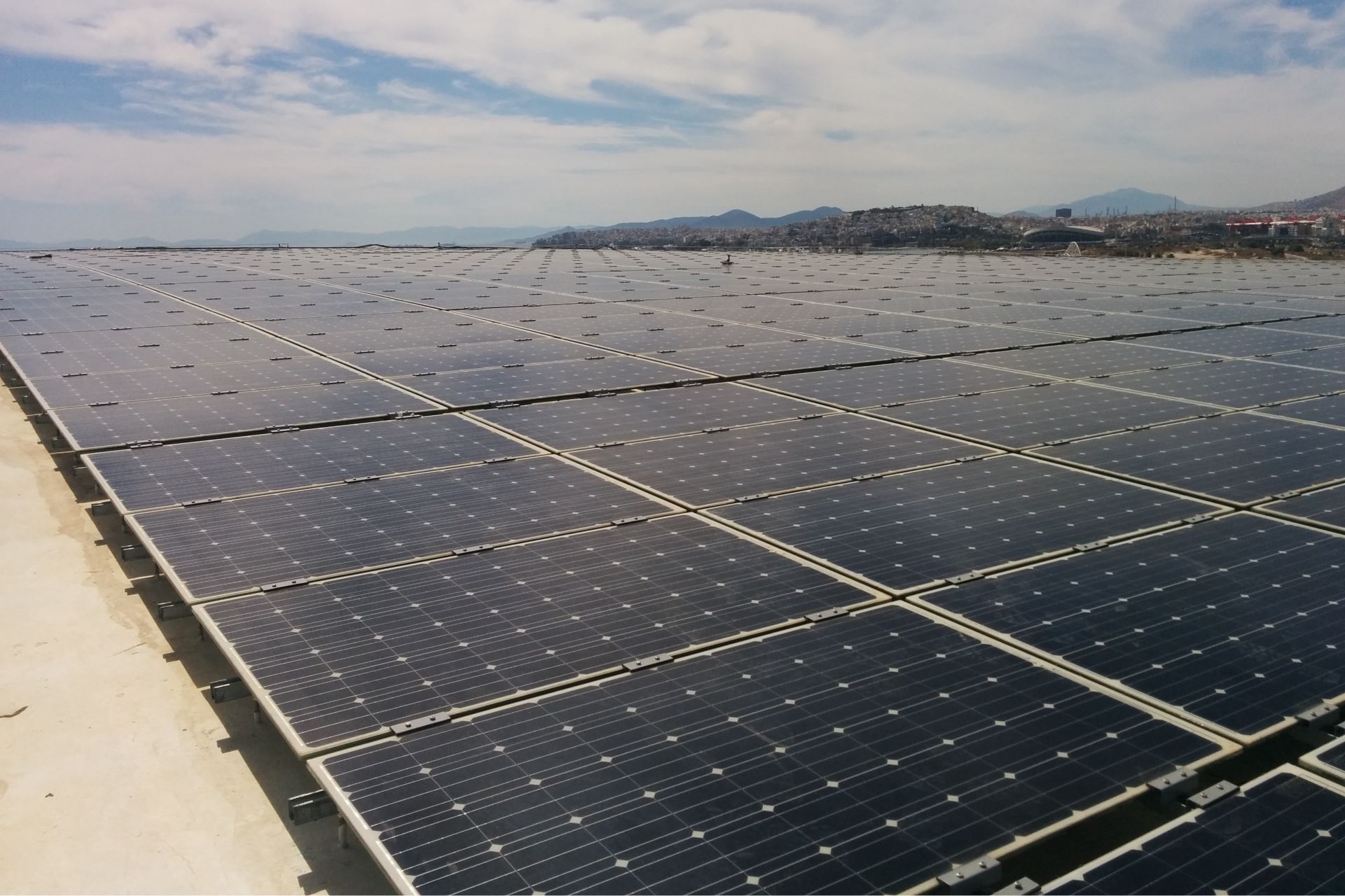 Photovoltaic panels on the top of the Ferrocement Canopy at the Stavros Niarchos Cultural Center