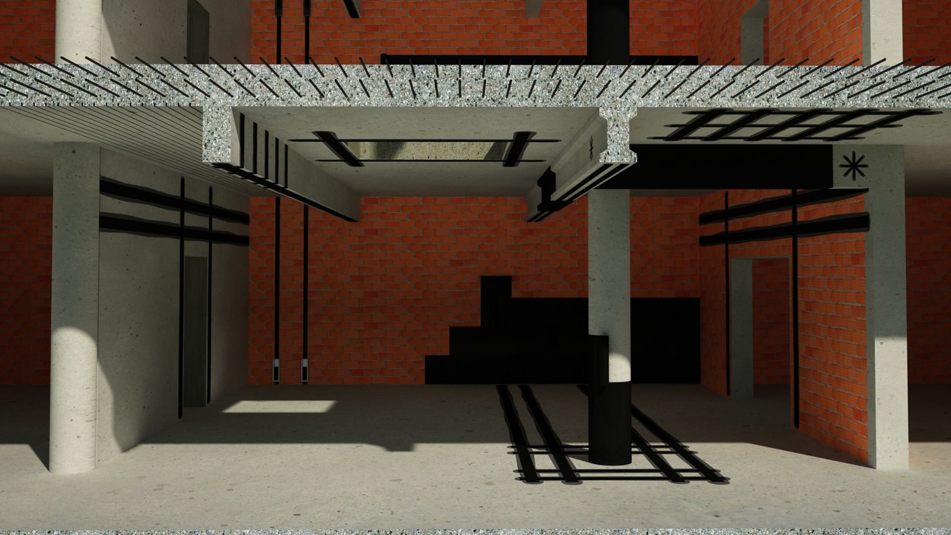 Illustration of concrete and brick building interior with structural strengthening carbon fiber plates and FRP fabric