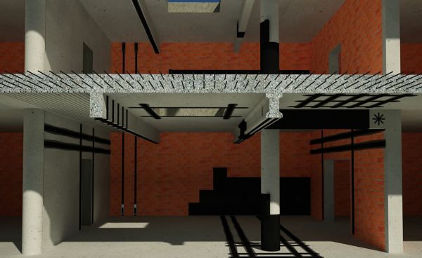 Illustration of concrete and brick building interior with structural strengthening carbon fiber plates and FRP fabric