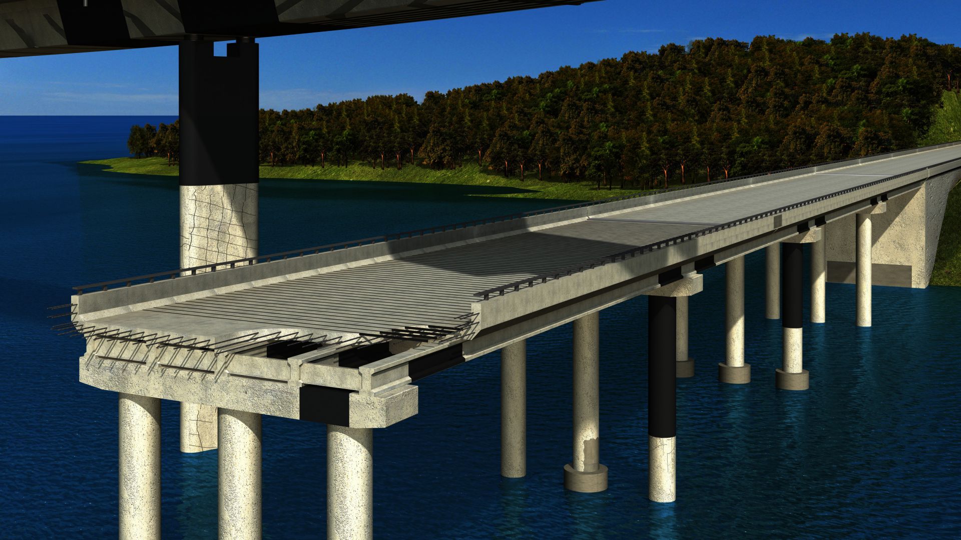 Illustration of concrete bridge with structural strengthening carbon fiber plates and FRP fabric