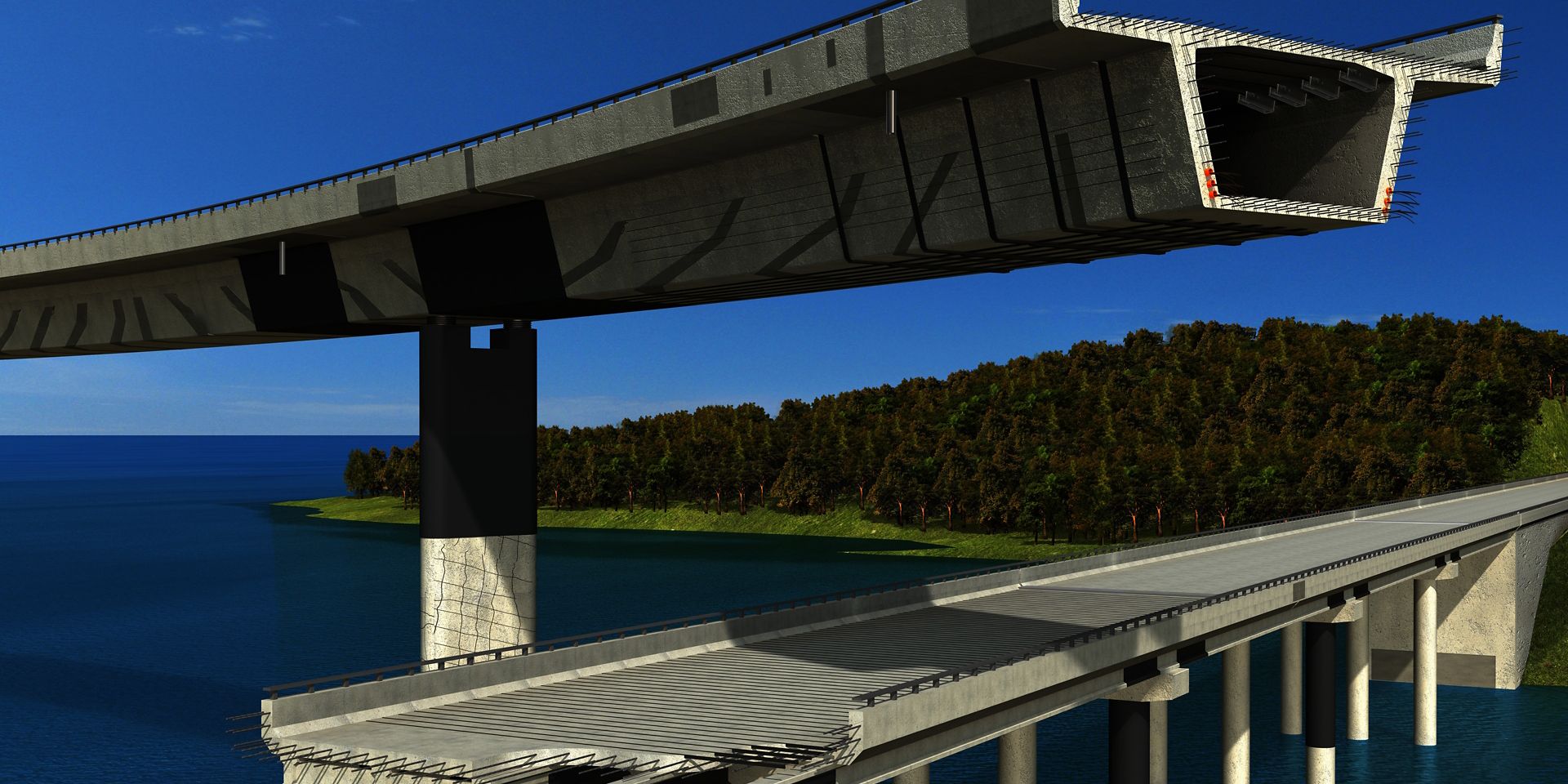 Illustration of concrete bridge with structural strengthening carbon fiber plates and FRP fabric
