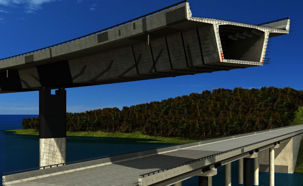 Illustration of concrete bridge with structural strengthening carbon fiber plates and FRP fabric