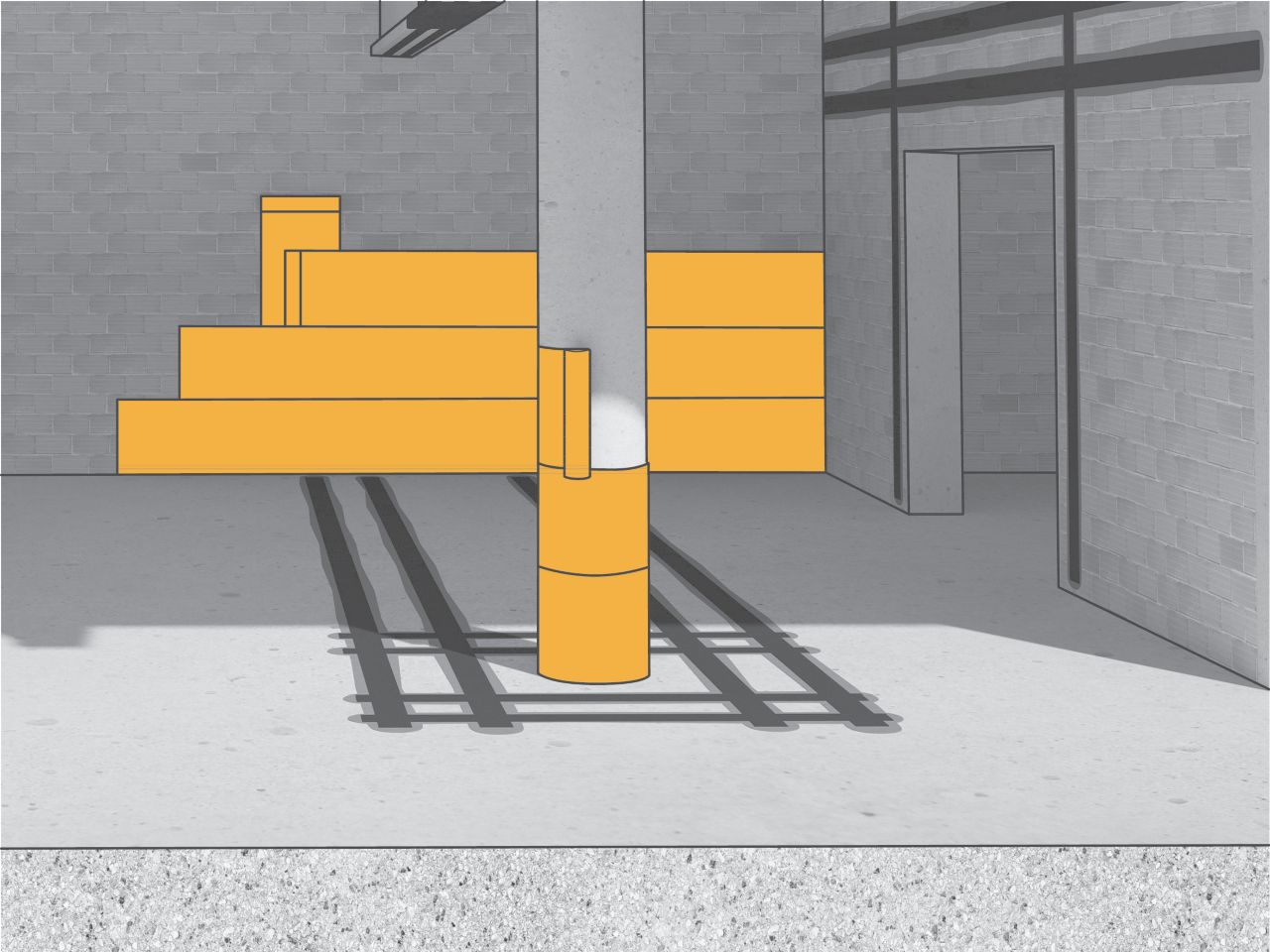 Illustration of concrete and brick building interior and column reinforced with structural strengthening fiber FRP fabric