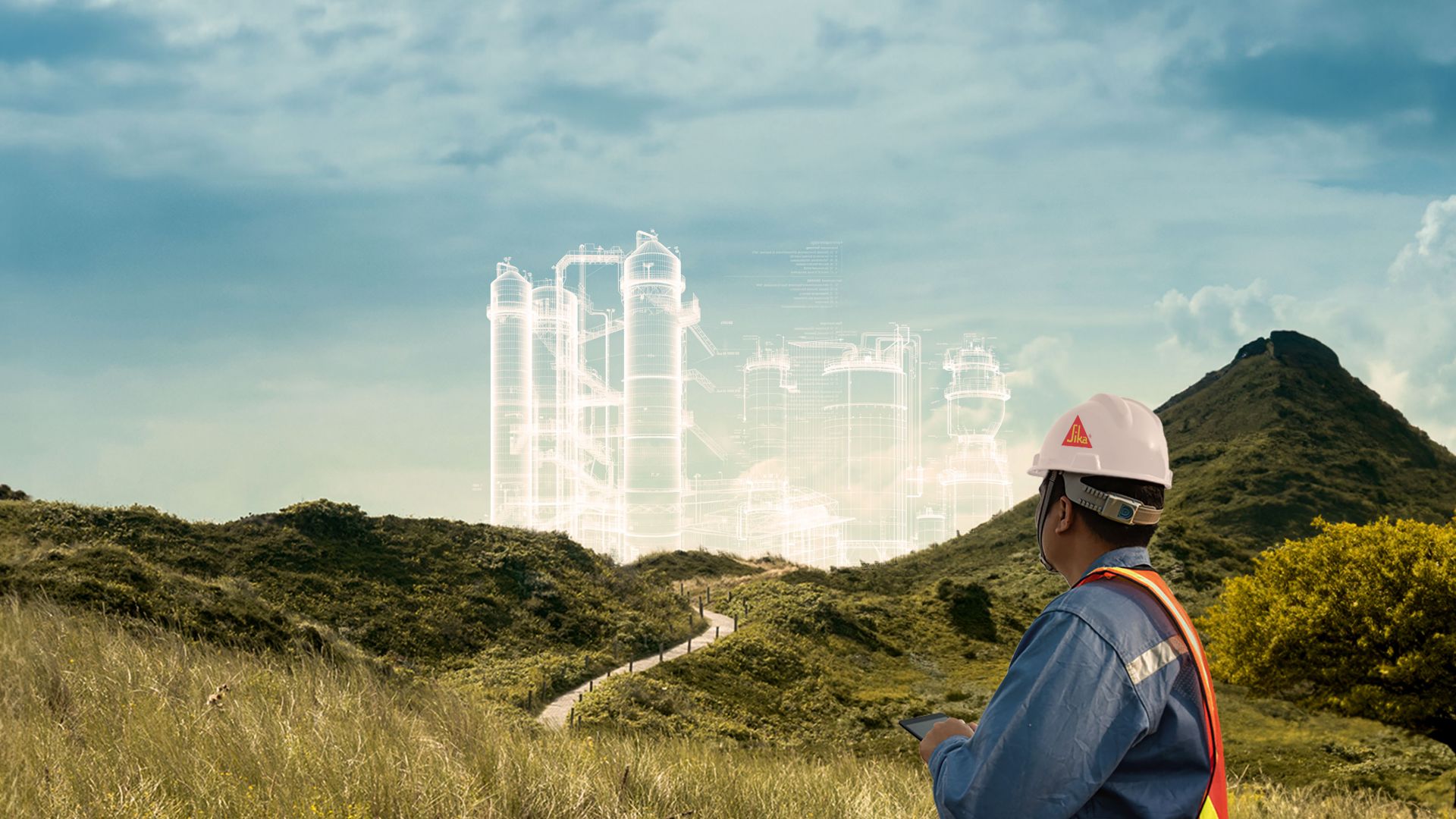 Concrete producer looking at cement plant over hill on a path sustainable construction with Sika hardhat