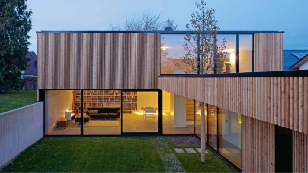 Family home with large windows and wooden panels