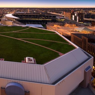 Green roof with single-ply membrane installed on Target Center Arena in Minneapolis in USA