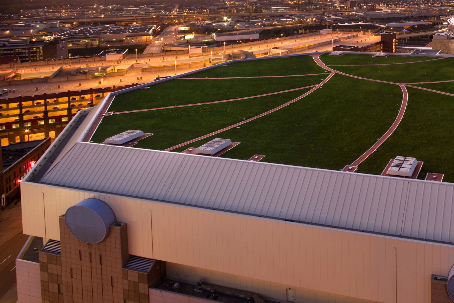 Green roof with single-ply membrane installed on Target Center Arena in Minneapolis in USA