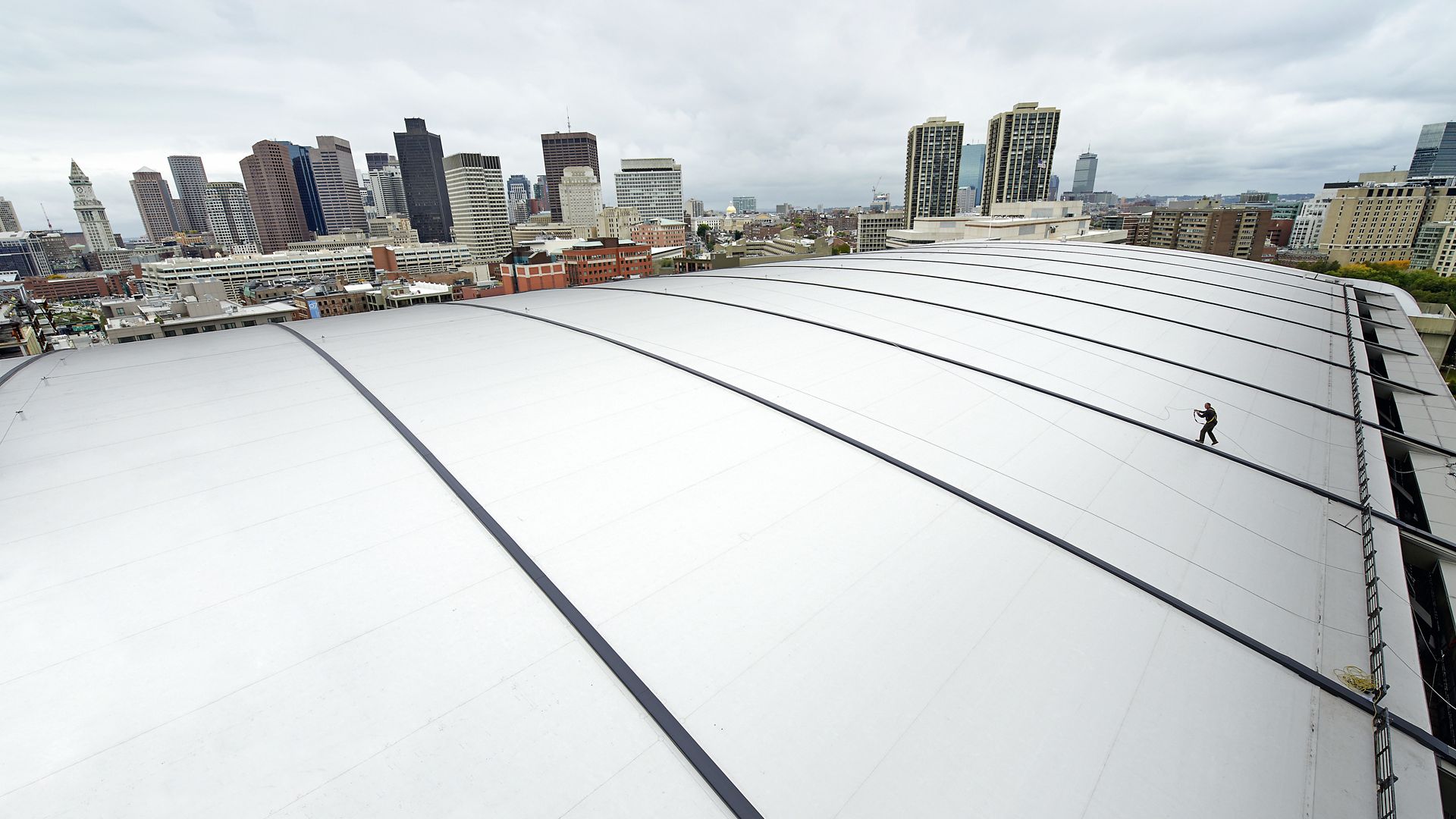 Cool roof with reflective Sikalastic liquid applied membrane installed on TD Garden in Boston in USA