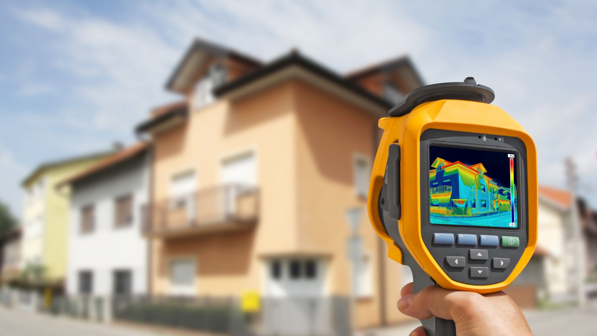 Colorful thermal image map of a house facade in a camera held by hand