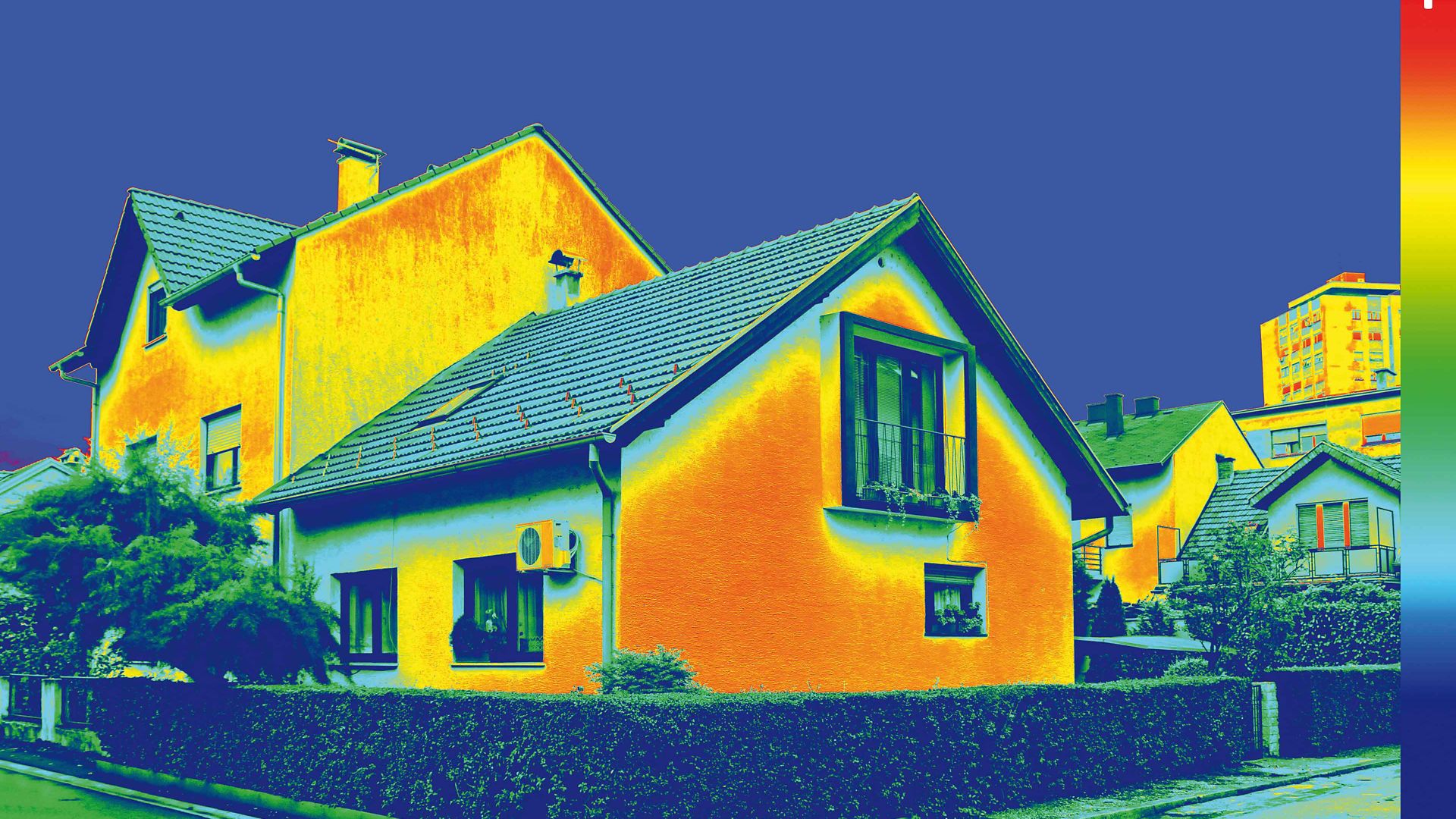 Colorful thermal image map of a house facade