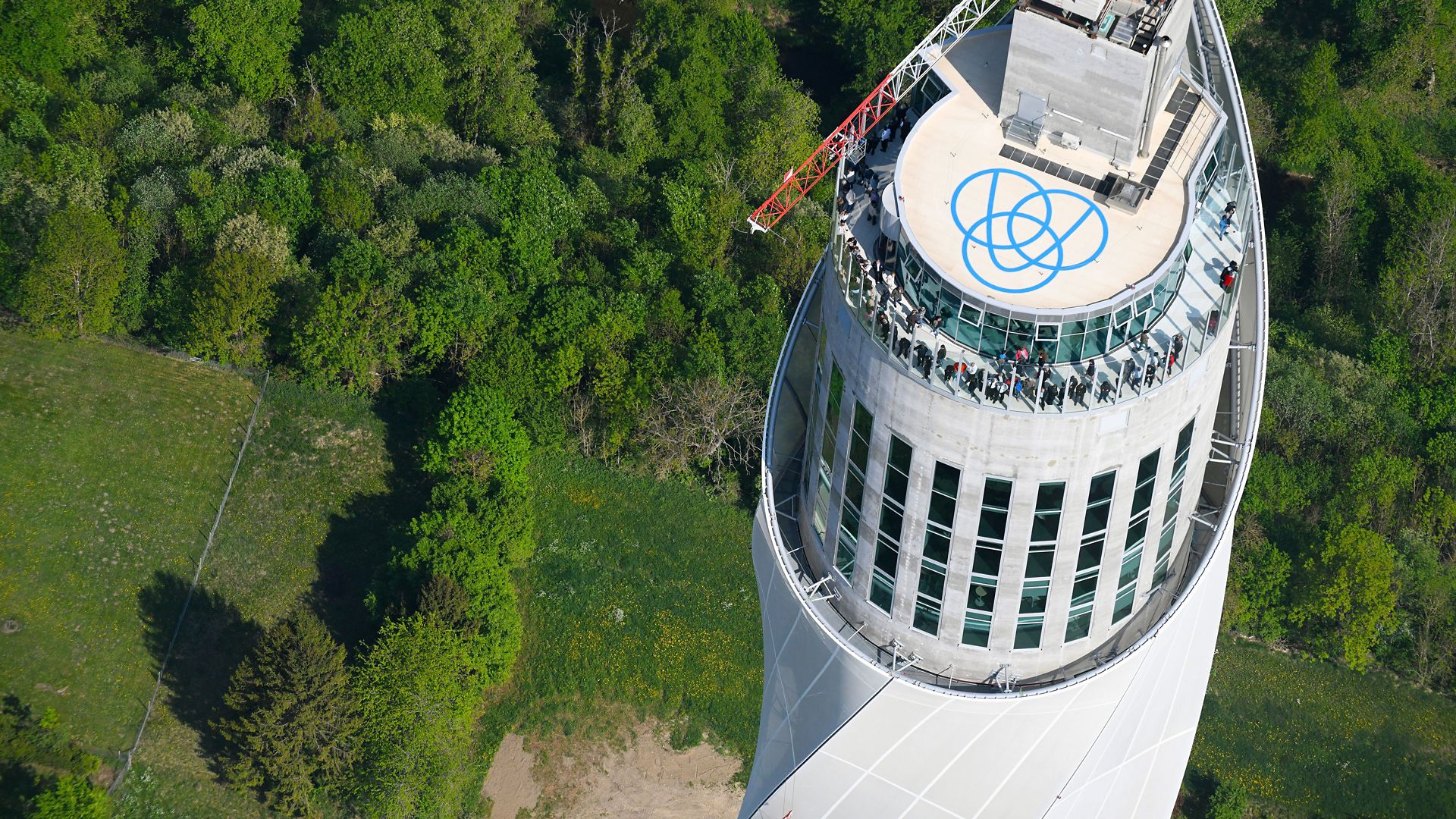 Sika roof graphics applied on Thyssenkrupp elevator test tower in Rottweil, Germany