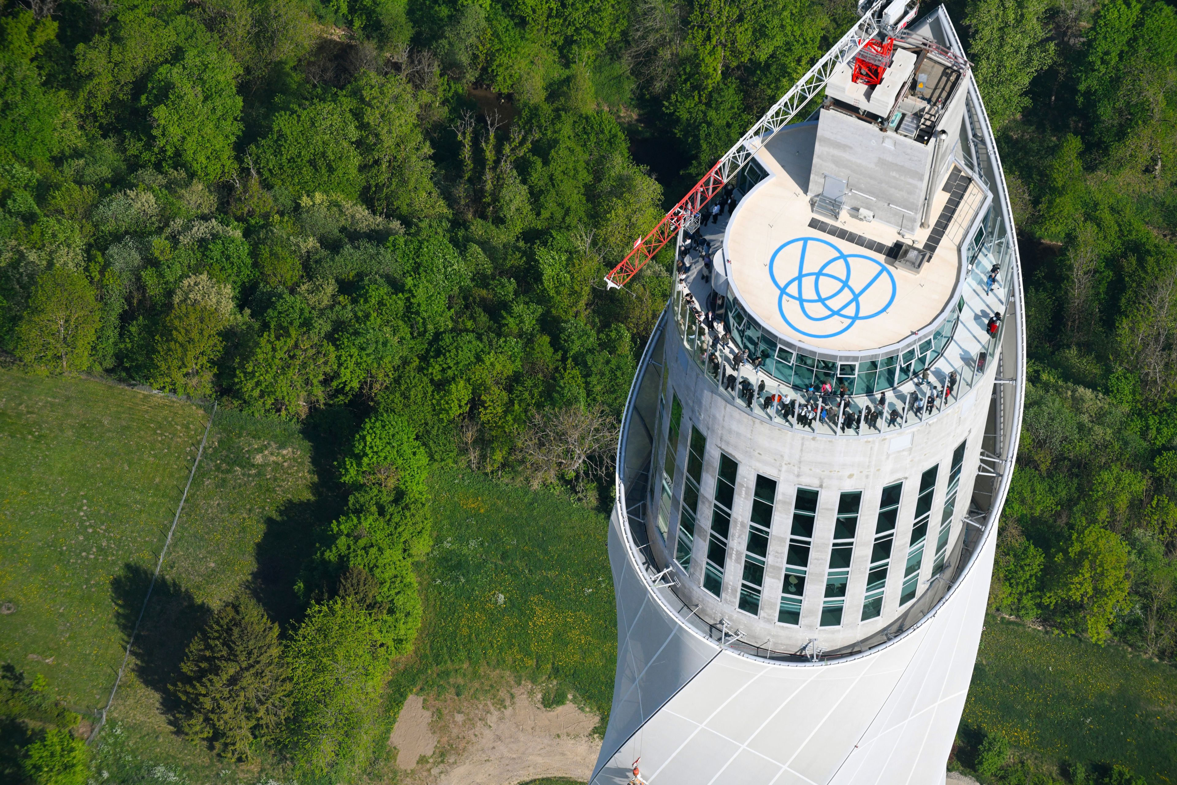 Sika roof graphics applied on Thyssenkrupp elevator test tower in Rottweil, Germany