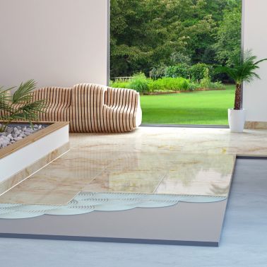 Illustration of large format tile setting adhesive in terrace of home with designer bench and garden