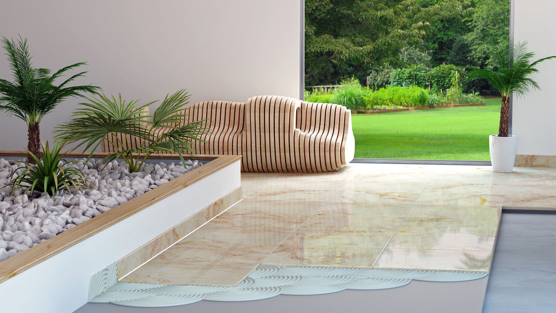 Illustration of large format tile setting adhesive in terrace of home with designer bench and garden
