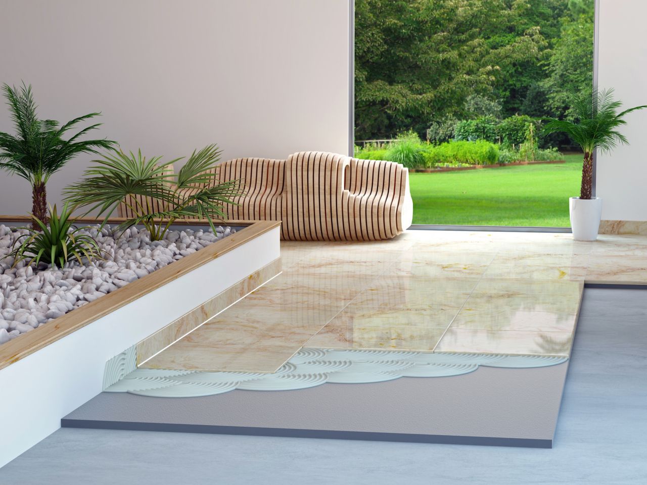 Illustration of large format tile setting adhesive in terrace of home with designer bench and garden