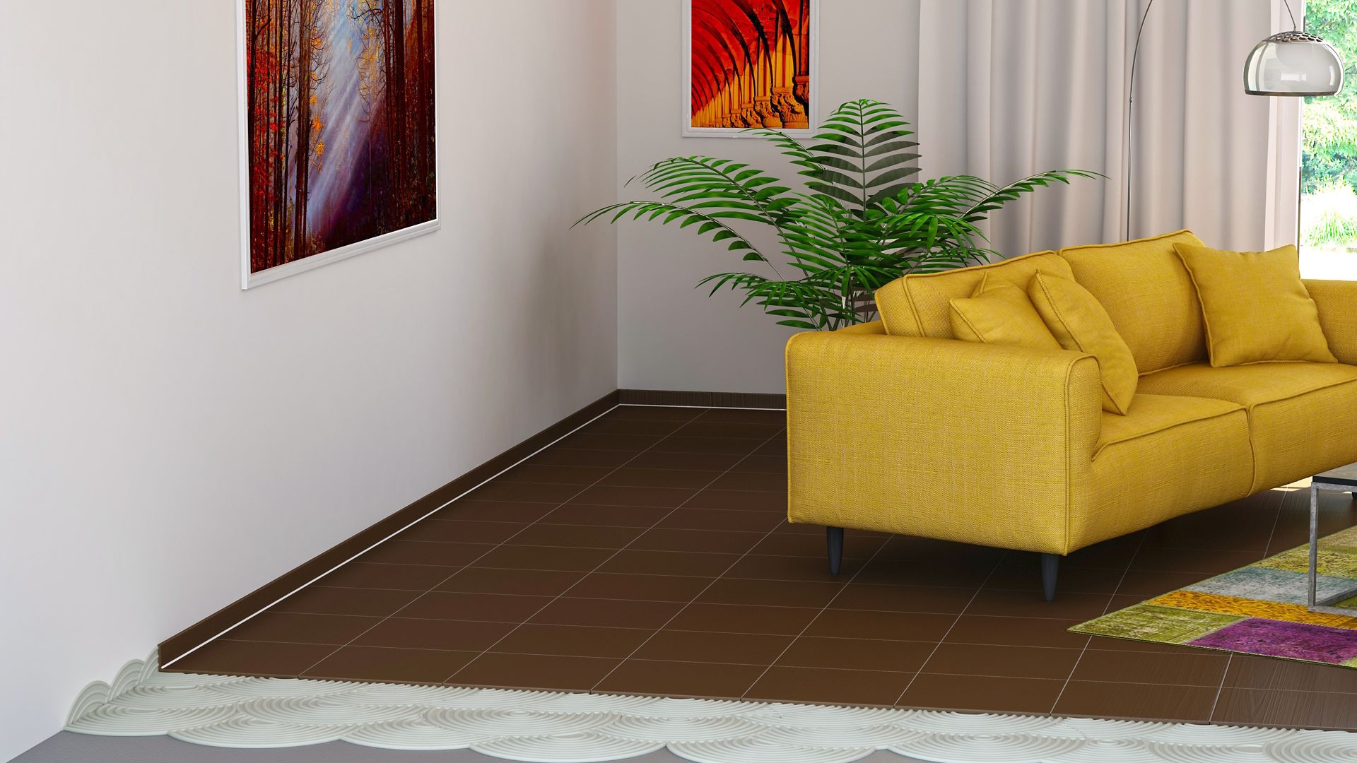 Illustration of tile setting adhesives in living room with yellow sofa