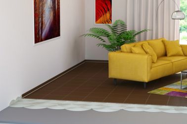 Illustration of tile setting adhesives in living room with yellow sofa