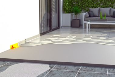 Illustration of tile setting adhesives and waterproofing tape for balcony terrace patio area outside home