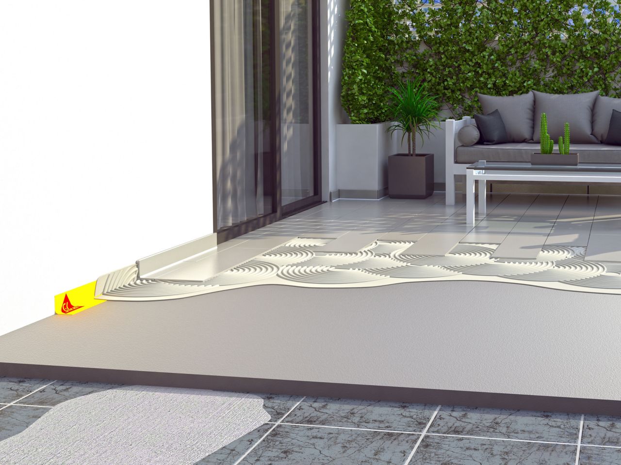 住宅外阳台、露台、天井区域的瓷砖胶粘剂和防水胶带插图