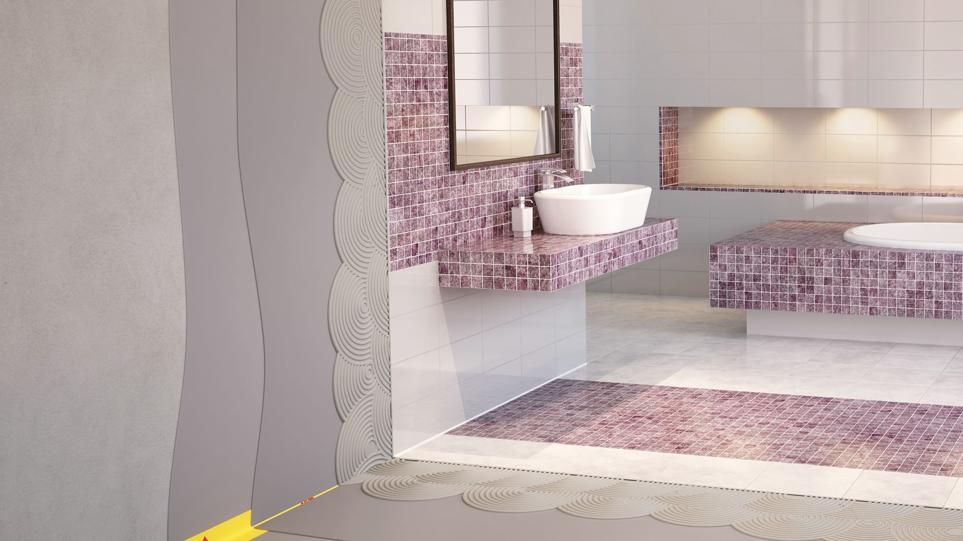 Illustration of tile setting adhesives and waterproofing tape for wet area bathroom with purple and white mosaic tiles, sink and bathtub