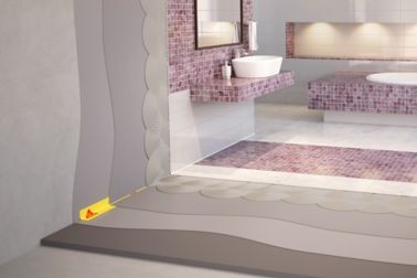 Illustration of tile setting adhesives and waterproofing tape for wet area bathroom with purple and white mosaic tiles, sink and bathtub