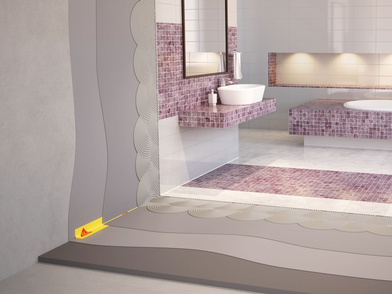 Illustration of tile setting adhesives and waterproofing tape for wet area bathroom with purple and white mosaic tiles, sink and bathtub