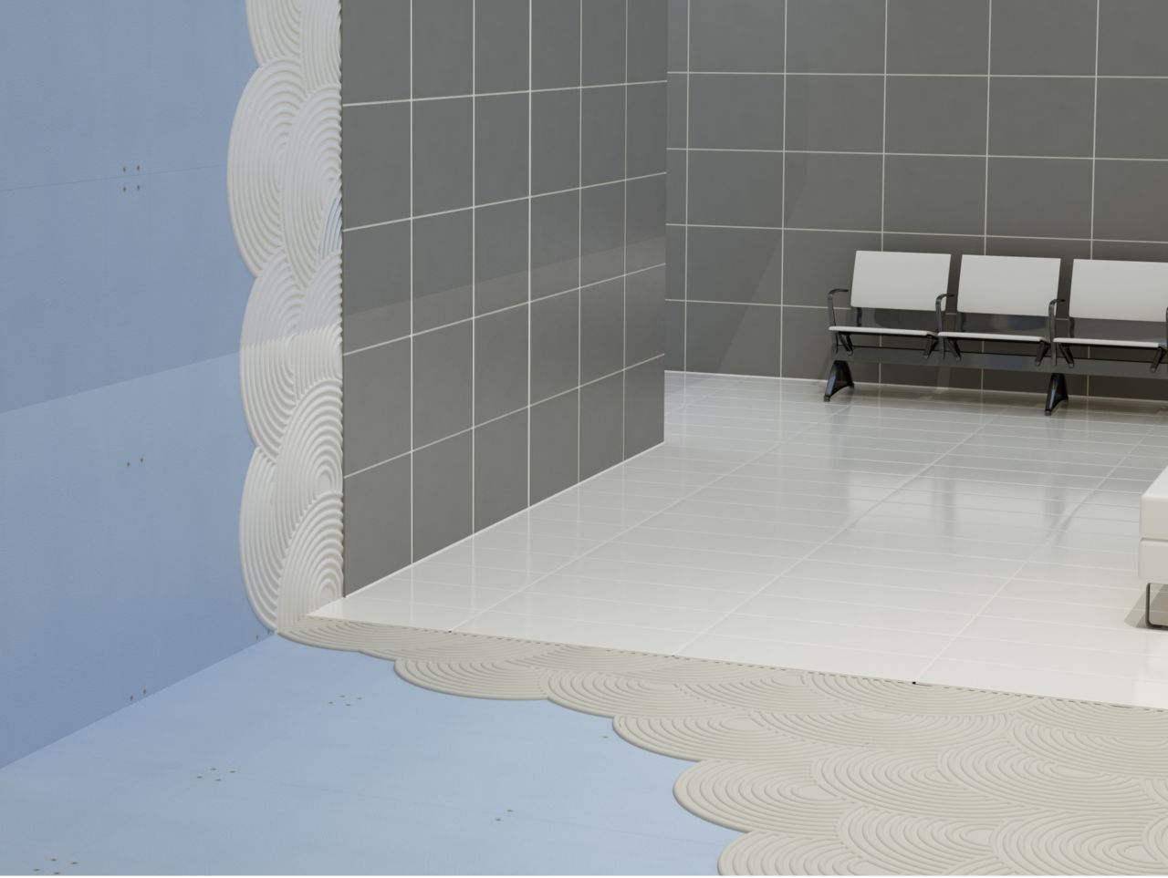 Illustration of tile setting adhesives and tiles on drywall in lobby with chairs