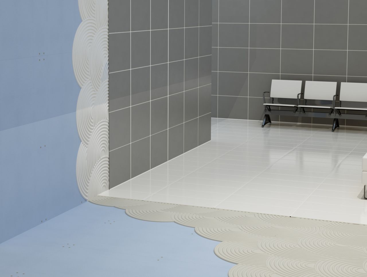 Illustration of tile setting adhesives and tiles on drywall in lobby with chairs