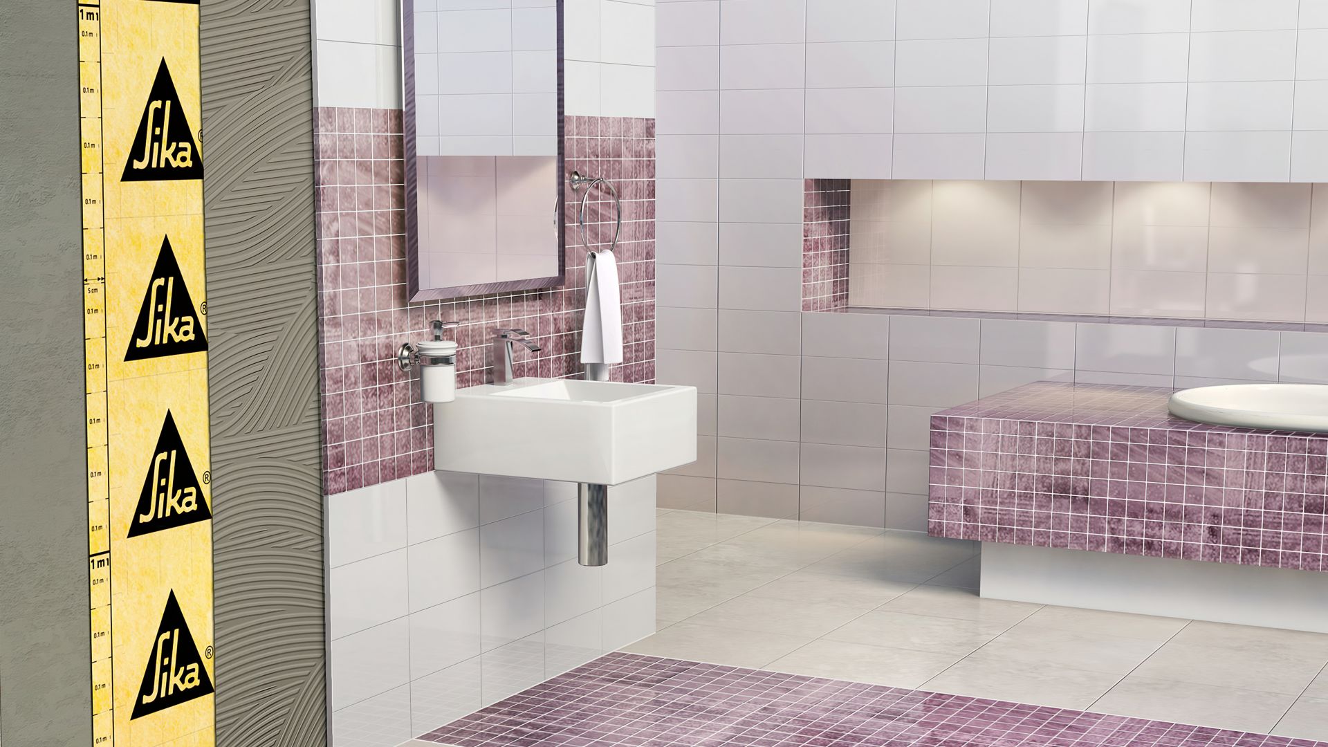 Illustration of tile setting adhesives and tiles in bathroom