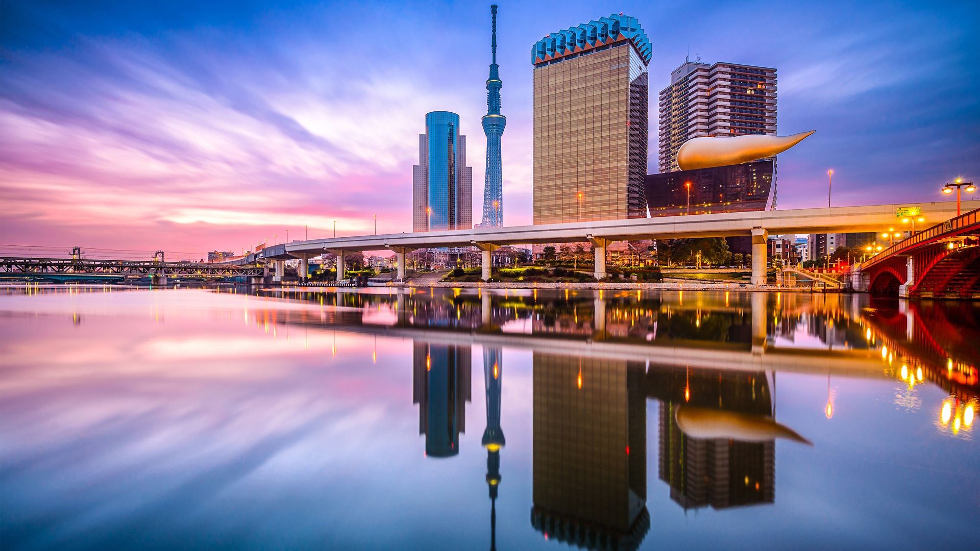 Skyline on the Sumida River in Tokyo, Japan