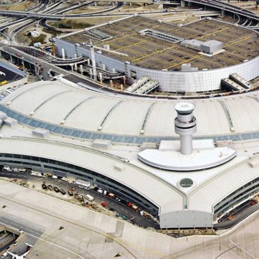 Single-ply roof PVC membrane of Sarnafil mechanically fastened system installed on Toronto Pearson International Airport in Canada