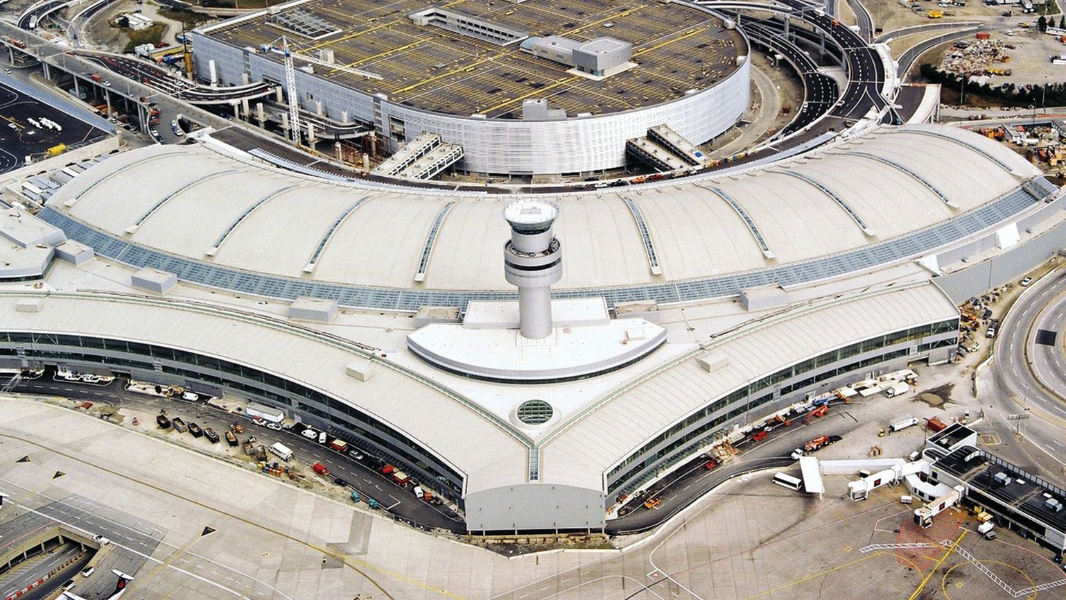 Single-ply roof PVC membrane of Sarnafil mechanically fastened system installed on Toronto Pearson International Airport in Canada