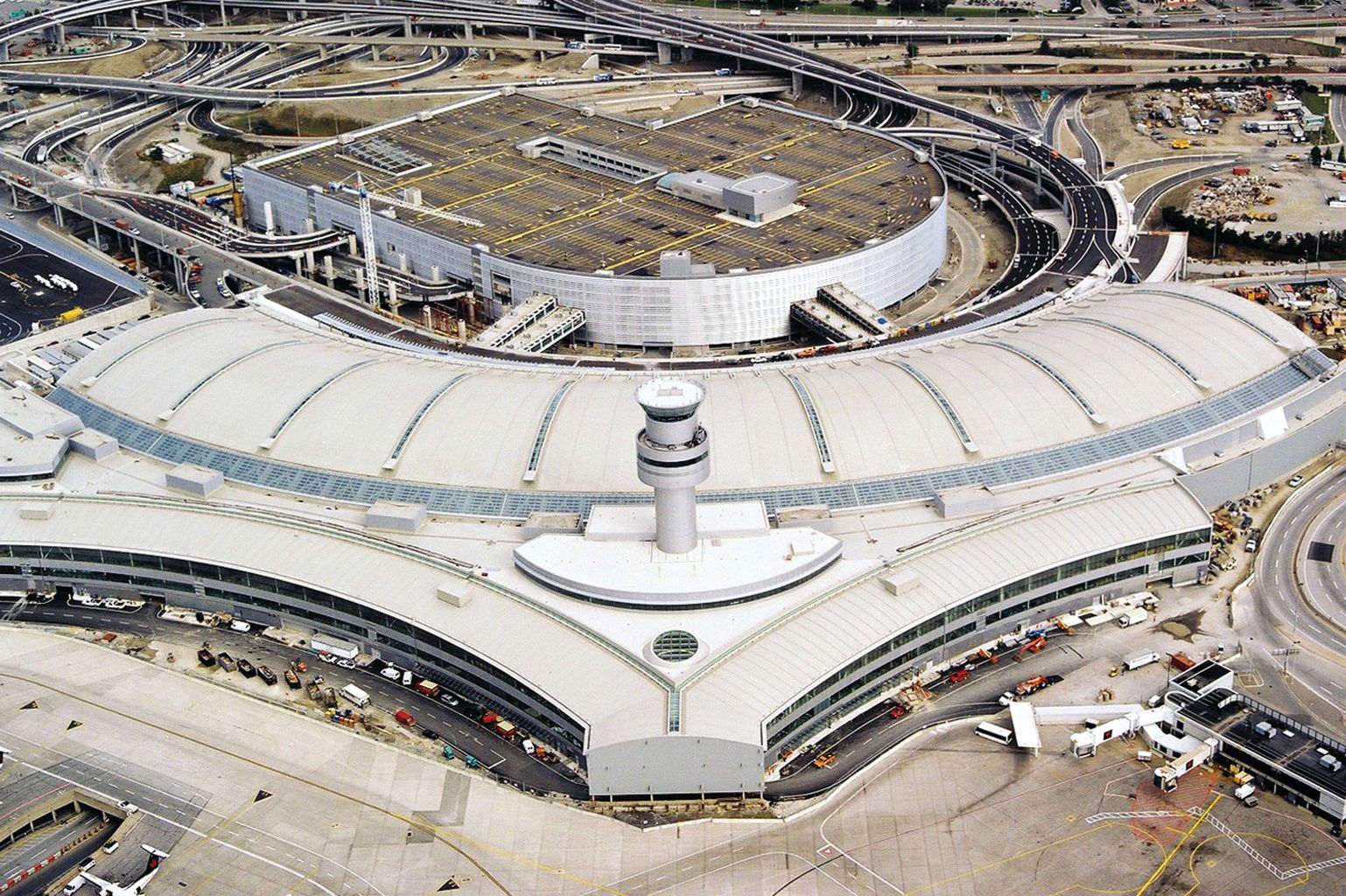 Single-ply roof PVC membrane of Sarnafil mechanically fastened system installed on Toronto Pearson International Airport in Canada