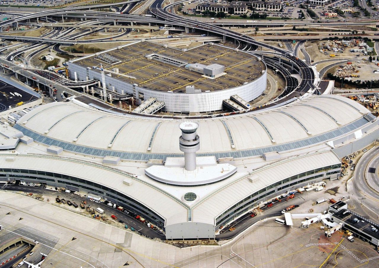 Single-ply roof PVC membrane of Sarnafil mechanically fastened system installed on Toronto Pearson International Airport in Canada