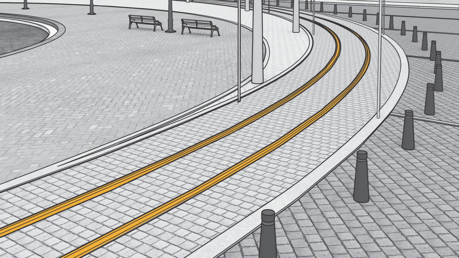 Illustration of tram track rail fixing at landscaped area