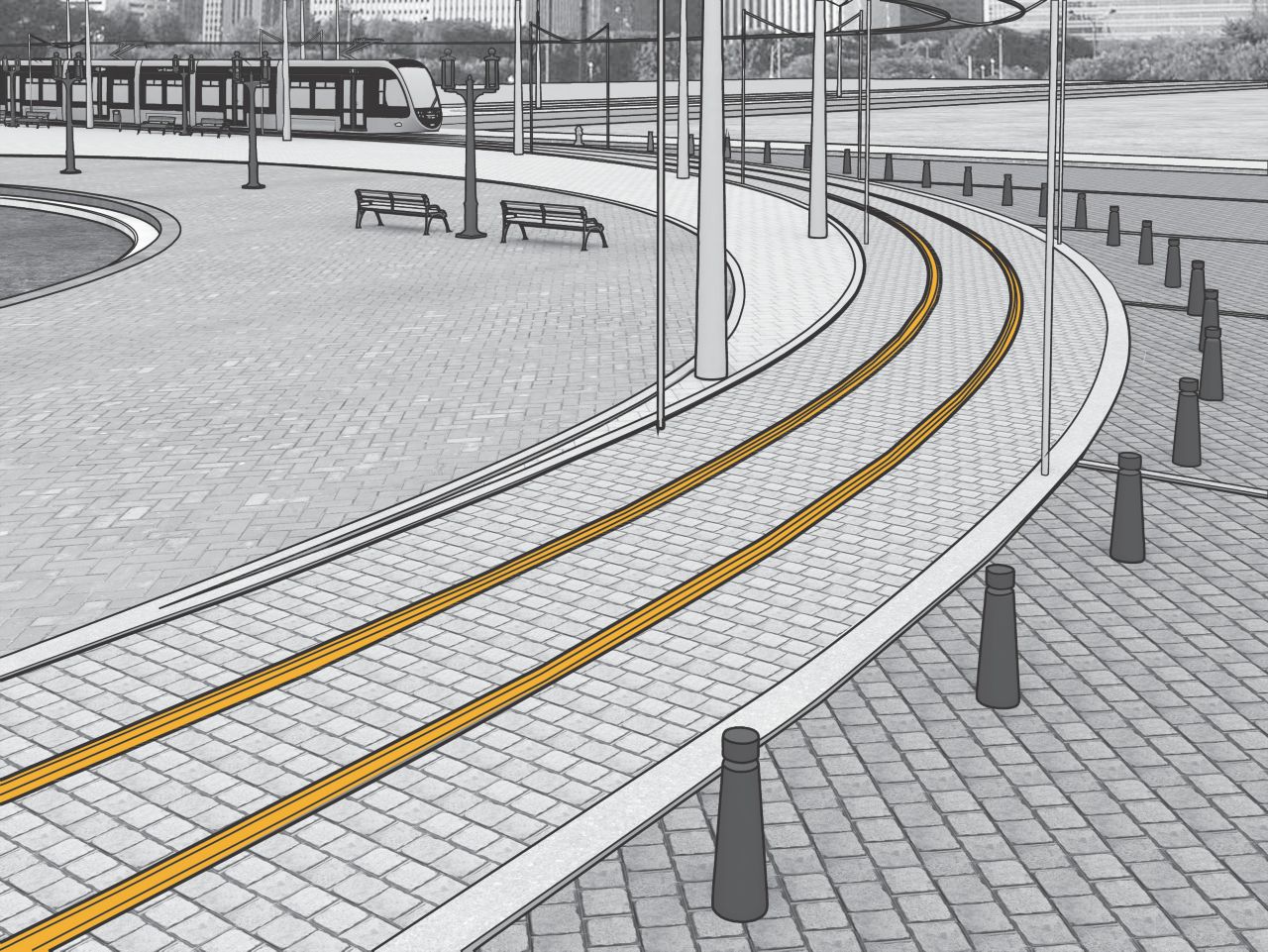 Illustration of tram track rail fixing at landscaped area