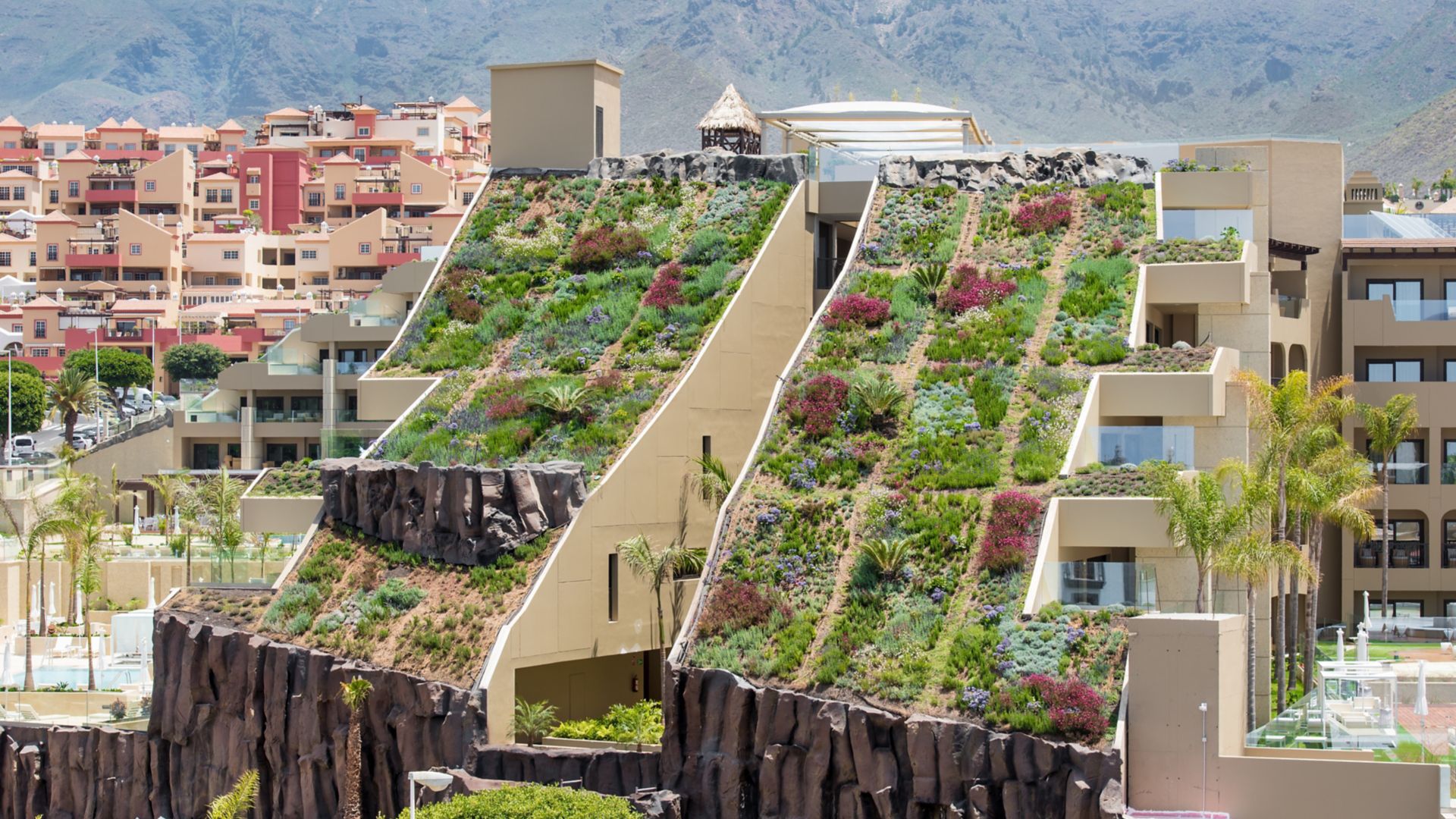 Green roof with single-ply FPO membrane of Sarnafil system installed on GF Victoria Hotel in Tenerife in Spain