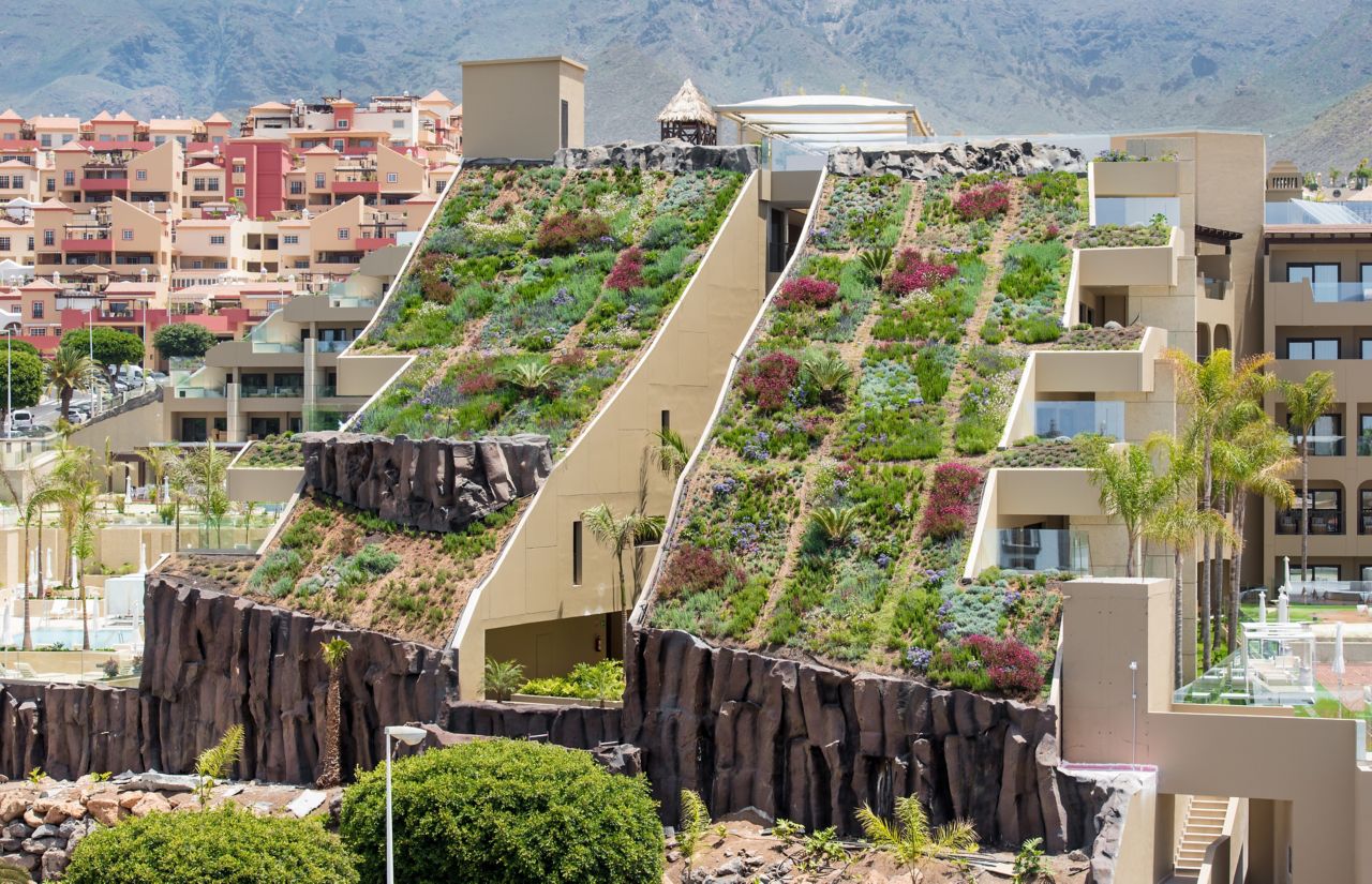 Green roof with single-ply FPO membrane of Sarnafil system installed on GF Victoria Hotel in Tenerife in Spain