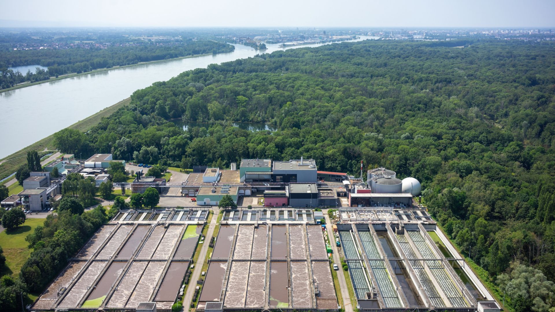 La Wantzenau waste water treatment plant refurbishment in Strasbourg, France drone photo birds eye view