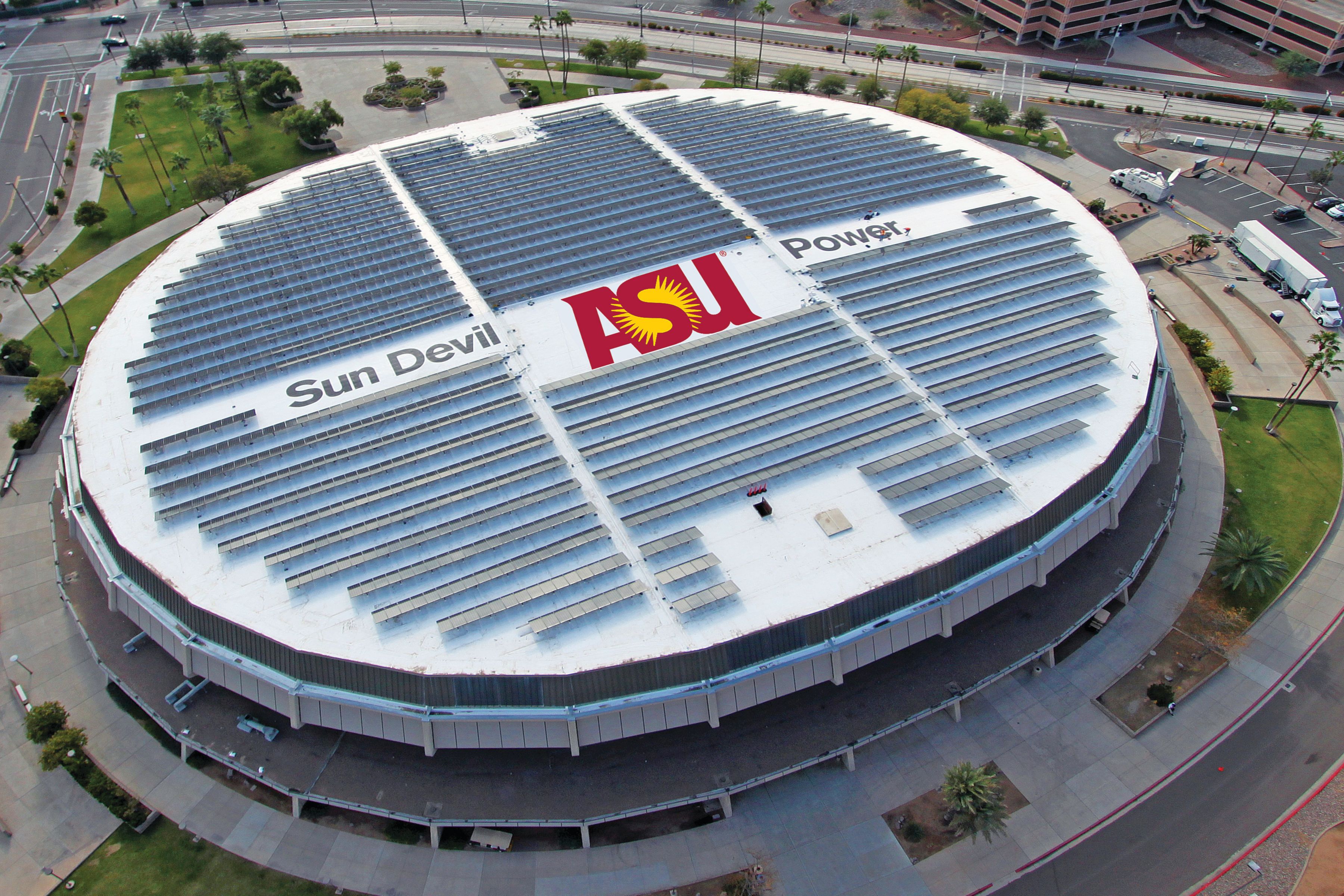 Solar roof with single-ply Sarnafil membrane installed on Wells Fargo Arena in Tempe in USA