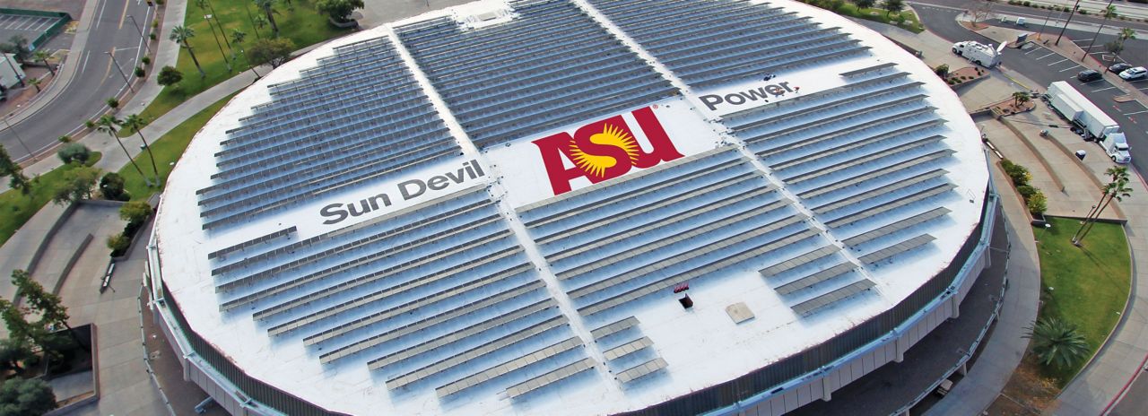 Solar roof with single-ply Sarnafil membrane installed on Wells Fargo Arena in Tempe in USA