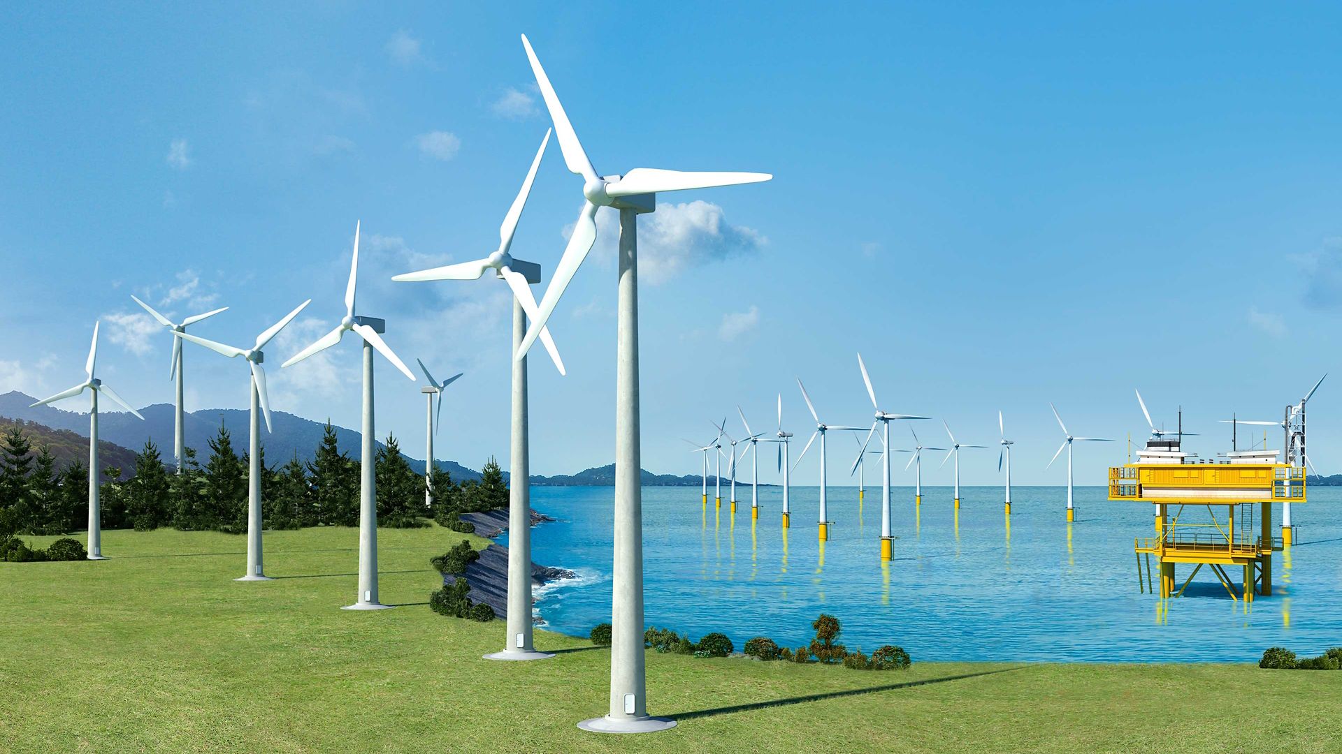 Illustration of onshore and offshore wind turbine farm